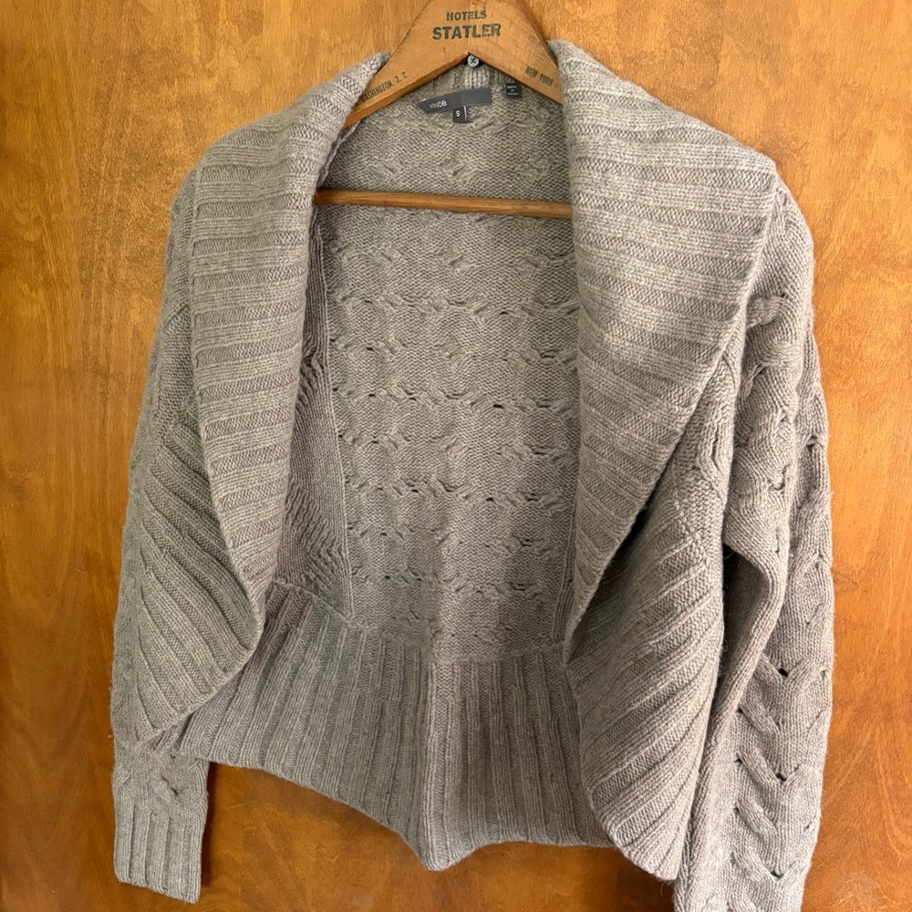 Vince Alpaca Wool Cashmere Tan Bolero Cocoon Cardigan Sweater Cable Knit Preppy - Picture 3 of 13